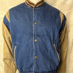 Blue and Tan Bomber Jacket with Denim Body and Stand-Up Collar Vintage